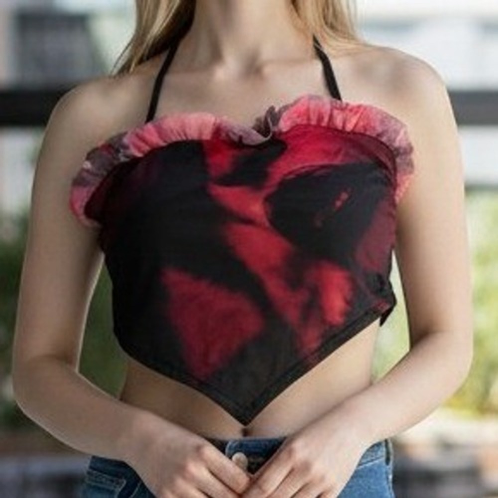San Lorenzo Dorada Ruffle Bandeau Bikini Top Womens Small Red Black Mesh New
